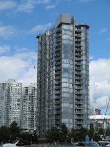 A window cleaner in downtown Vancouver, BC