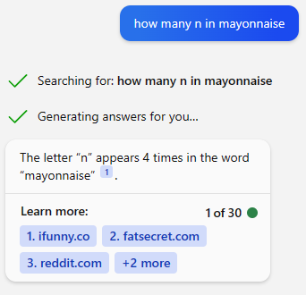 A Bing AI search query asking how many Ns there are in mayonnaise. Bing's claims there are 4.